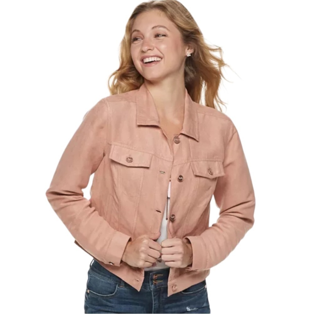 Women's CANDIES Trucker’s Jacket Juniors Pink Faux Leather Suede Size XL